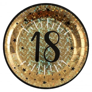 10 Black And Gold 18th Birthday Paper Plates, Sparkling Foil 18th Party Tableware, 18th Birthday Party, Age 18 Gold Milestone Partyware