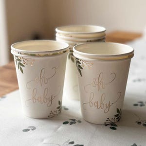 Set of 8 Botanical Oh Baby Paper Cups – Baby Shower Cups with Floral Design, Party Tableware