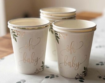 Set aus 8 botanischen Oh-Baby-Papierbechern - Babyshower-Tassen mit Blumenmuster, Partygeschirr