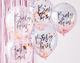 5 Rose Gold & Pink Baby Girl Confetti Balloons, Baby Shower, Girl Baby Shower, Party Balloons, Baby Shower Decor, New Baby Party