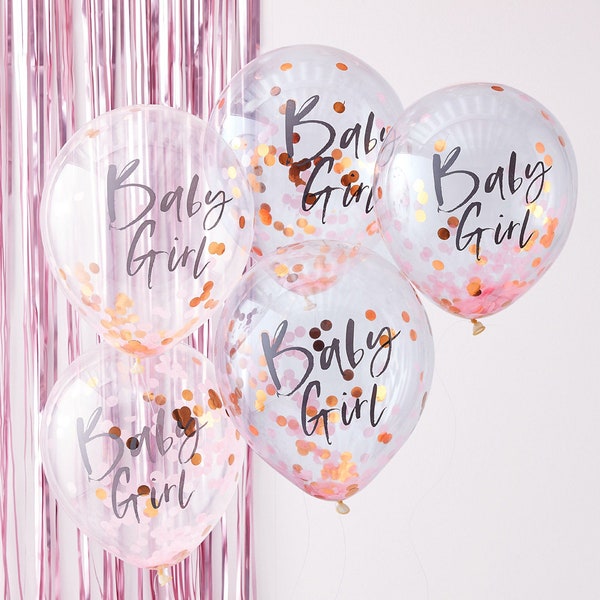 5 Rose Gold & Pink Baby Girl Confetti Balloons, Baby Shower, Girl Baby Shower, Party Balloons, Baby Shower Decor, New Baby Party