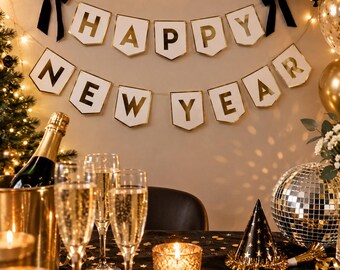 Gold Black Happy New Year Flag Card Banner with Velvet Bows, Festive Party Hanging Decoration, Cheerful Seasonal Home Decor 2m