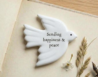 Sending Happiness & Peace Porcelain Dove Token, White Keepsake Gift, Minimalist Meaningful Present for Friends Family and Loved Ones