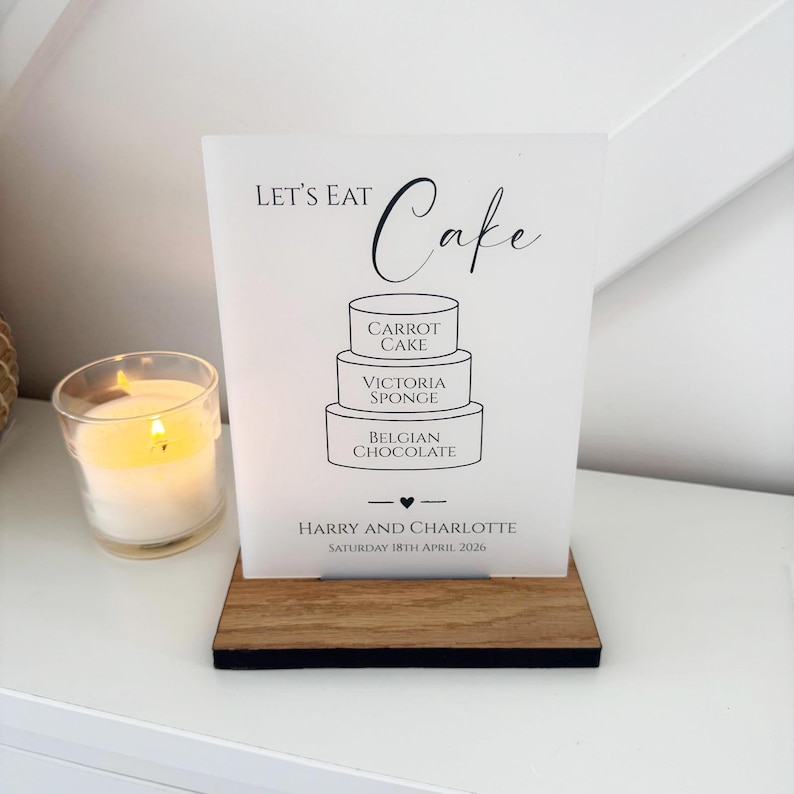 Personalisierte Hochzeitstorte Menü, Hochzeit Dessert Zeichen, Party Kuchen Flavours Zeichen, klassisches A5 A4 undurchsichtiges Acrylschild, benutzerdefinierte Menüs der Kategorie 2 A5
