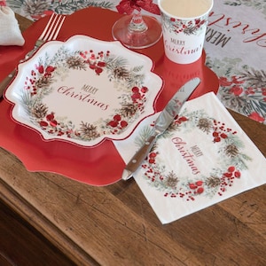 20 tovaglioli di carta ghirlanda di buon Natale sventati rossi, decorazioni da tavola festive, tovaglioli natalizi tradizionali, tovaglioli di carta rossi di lusso