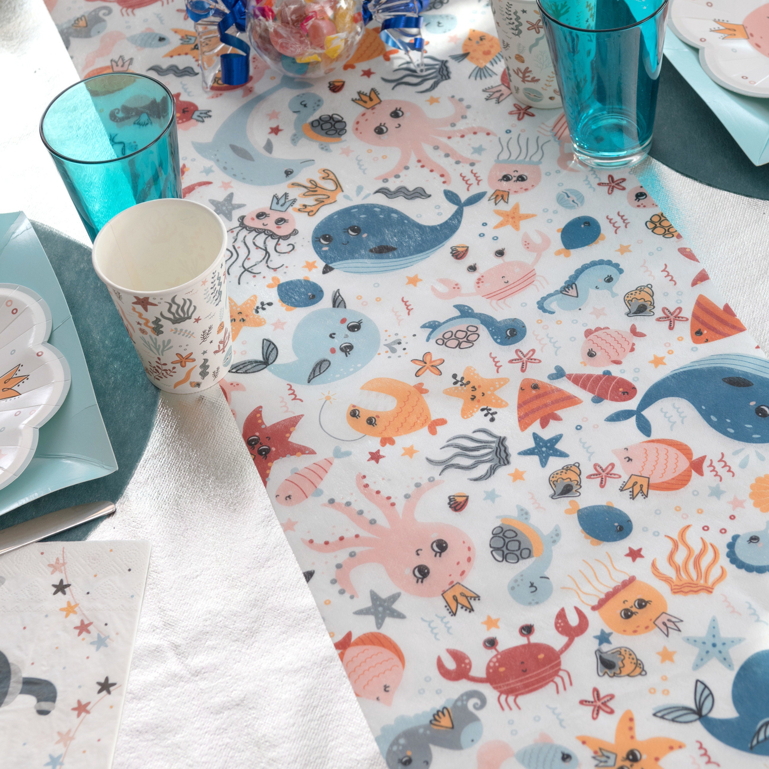 Under the Sea Table Runner, Mermaid Birthday Party Paper Table Cover,  Childrens Seaside Ocean Party Tableware 5m 