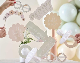 10 Floral Baby Shower Photo Booth Props, Gender Reveal Party Props, Baby Shower Photo Props, Photo Decoration Fun