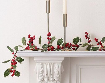 Artifical Holly Garland, Christmas Fireplace Decorations, Festive Foliage Garland, Mantelpiece Decorations, Christmas Artificial Decor