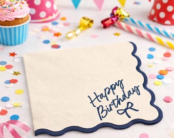 Happy Birthday Bow Paper Napkins in Cream Ivory & Black for Modern Birthday Parties and Celebration Tableware (Pack of 12, 33 cm Unfolded)