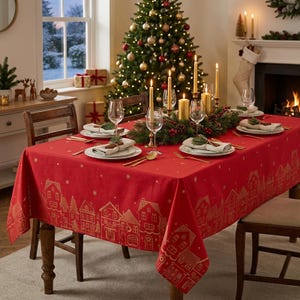 May include: A rectangular red tablecloth featuring a gold-toned line art pattern of houses and trees along the border. The fabric is draped over a dining table set with white plates, folded napkins, wine glasses, and gold-coloured cutlery.