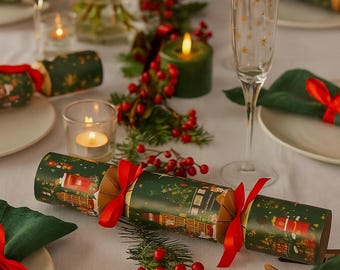 Set of 6 London Landmarks Christmas Crackers, Green and Red Festive Table Decorations, Holiday Party Favors, Christmas Dining Table Decor