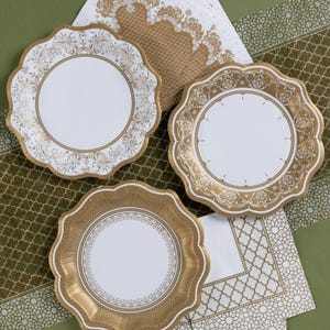 12 Medium Gold Porcelain-effect Paper Plates, Gold Party Plates, Gold Flower Plates, Cake Plates, Gold Partyware Tableware