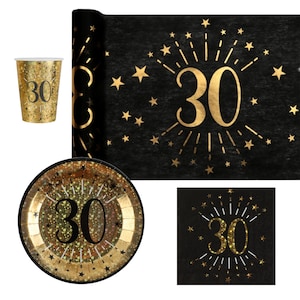 30th Birthday Party Supplies, Black Gold 30th Party, Age 30 Birthday, 30th Table Runner, 30th Paper Napkins Cups Plates, Balloon Stand