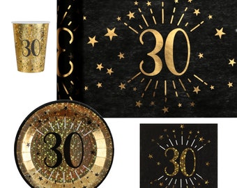 Artículos para fiesta de 30 cumpleaños, fiesta de 30 años en negro y dorado, camino de mesa para 30 años, servilletas de papel, vasos, platos y soporte para globos.