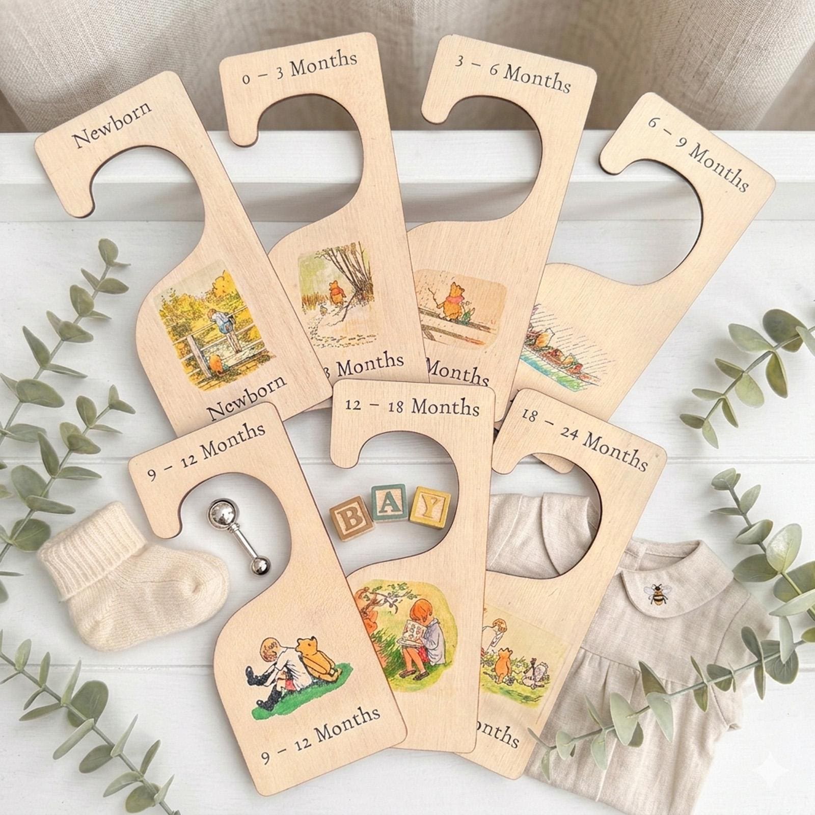 7 Winnie The Pooh Nursery Hangers, Wooden Baby Clothes Dividers Colour Printed, New Born Gift, Baby Shower Keepsake, Wood Baby Keepsake