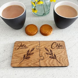 Personalised Coaster With Names Date, Leaf Design, Engraved Wooden Coaster, His Her Gift, Mr Mrs Gift, Anniversary Wedding Gift, Set Of 2 image 1