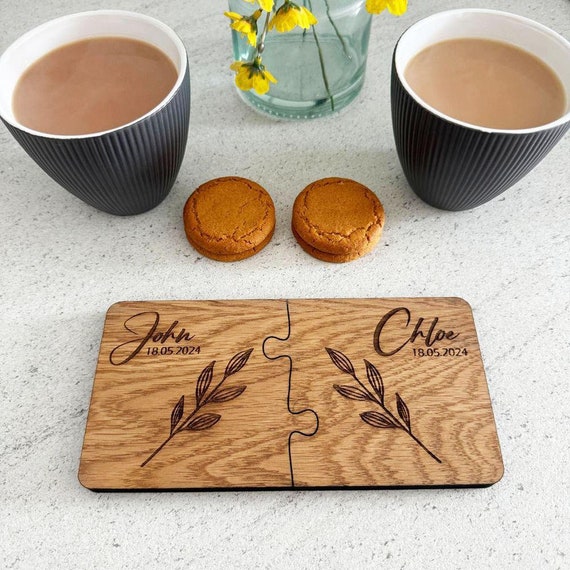 Personalised Coaster With Names Date, Leaf Design, Engraved Wooden Coaster, His Her Gift, Mr Mrs Gift,  Anniversary Wedding Gift, Set Of 2