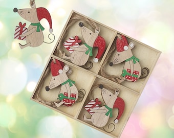 9 Wooden Christmas Tree Hanging Decorations In A Box, Christmas Tree Baubles, Festive Decorations, Christmas Angel Reindeer & Tree