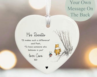 Personalised Gift For Teachers, Winnie the Pooh Teacher Appreciation Heart with Name, School Teacher Keepsake, Porcelain Heart with Name