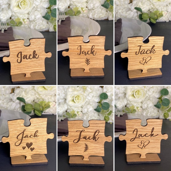 Personalised Jigsaw Wedding Place Names, Party Place Settings, Wooden Puzzle Name Cards On Stand, Rustic Party Name Table Decorations