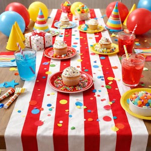 May include: A festive party table setting featuring a red and white striped runner covered in colorful confetti. The table includes cupcakes on plates, party hats, balloons, a gift box, and glasses filled with blue and red drinks with striped straws.