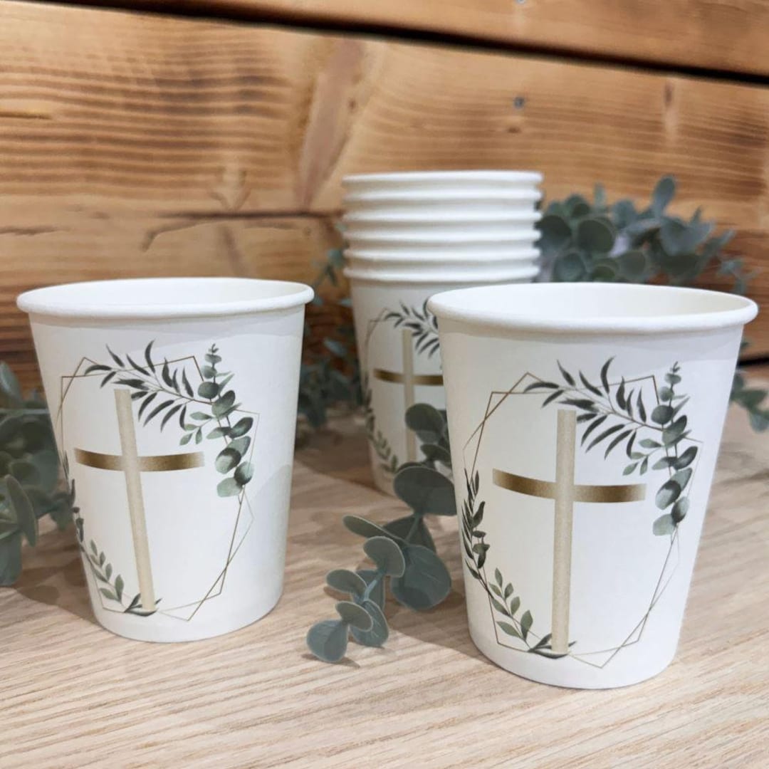 8 Botanical Gold Cross Paper Cups, Religious Christening Tableware ...