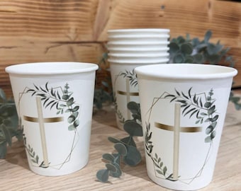 8 Botanical Gold Cross Paper Cups, Religious Christening Tableware, Communion Confirmation Tableware, Botanical Disposable Cups