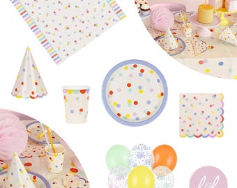 Colourful Party Decorations, Paper Plates, Cups, Napkins, Table Cover, Balloons & Party Hats, Birthday Party Tableware Set