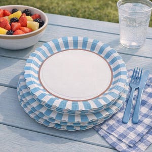May include: A stack of blue and white gingham paper plates with a scalloped edge. A blue plastic fork and knife sit on a matching gingham napkin. A bowl of fruit and a glass of water are also present, suggesting a picnic setting.