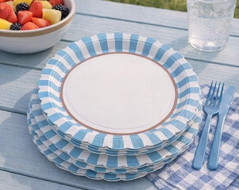 Platos de fiesta a rayas azules, paquete de 6 unidades, 23 cm, vajilla desechable de papel, decoración de mesa de cumpleaños, platos de picnic
