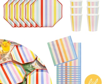 Pastel Striped Party Tableware Set, Paper Plates Cups and Napkins for Birthdays, Celebrations and Kids Parties (Party Pack for 6)