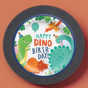 8 Happy Dino Birthday Plates, Childrens Birthday Party Tableware, Girls Boys Dinosaur Party Paper Plates, Jurassic Partyware