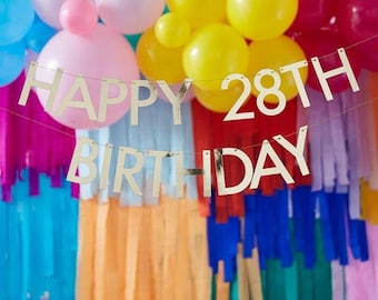 May include: Gold foil banner with the text "Happy 28th Birthday" hanging in front of a colorful background of balloons and streamers.