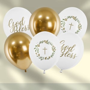 6 Gold And White God Bless Balloons, Christening Party Balloons, Religious Balloons, Baptism Balloon Decorations