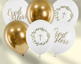 6 Gold And White God Bless Balloons, Christening Party Balloons, Religious Balloons, Baptism Balloon Decorations