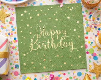 20 Olive Green Gold Happy Birthday Napkins, Cocktail Canape Small Paper Napkins, Birthday Party Tableware, Gold Foiled Cake Napkins