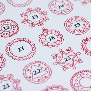 35 autocollants de Noël de l'Avent fleuris rouges, calendrier de l'Avent à faire soi-même, autocollants de l'Avent créatifs, travaux manuels de l'Avent, autocollants de Noël