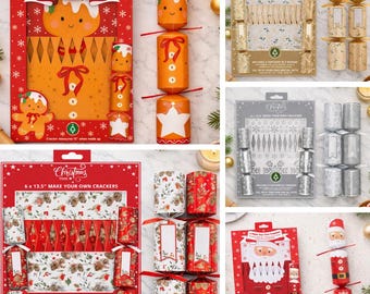 Make Your Own Christmas Crackers Kit, DIY Fill Your Own Party Crackers, Santa Gingerbread Gold Silver Red Designs (Pack of 6)