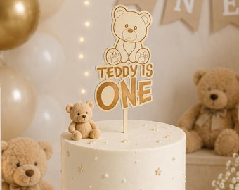 Topper de pastel de oso de peluche personalizado, decoración de pastel de 1er cumpleaños para niños, topper de pastel de madera de cumpleaños para niños, fiesta de cumpleaños del oso de peluche