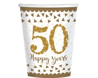 Lot De 8 Gobelets En Carton Sparkling Golden Anniversary – 266 Ml, Avec Motifs 50e Anniversaire Et Dorés