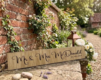 Personalised Wooden Oak Mr Mrs Wedding Table Sign, Bride Groom Keepsake, Wedding Decoration, Name Dates Keepsake Gift