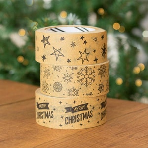 Diseños de cinta marrón artesanal navideña de 50 m de ancho; Palabras navideñas, copos de nieve o estrellas, cinta de envoltura de regalo festiva, envoltura kraft navideña