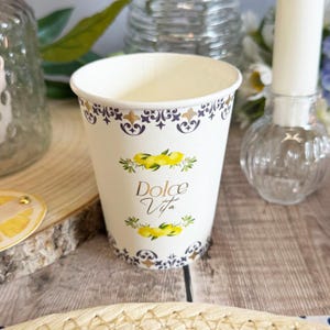 8 koningsblauwe, witte en gouden papieren feestbekers, servies uit de Dolce Vita-collectie, blauw bruiloftservies, tropisch citroenfeestje