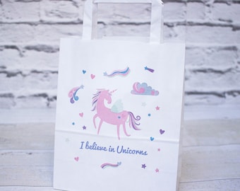 10 White Handled Unicorn Paper Bags, Party Bags, Gift Bags, Unicorn Party, Gift Wrapping, Birthday Gift Bags, Kids Party, Unicorn Party