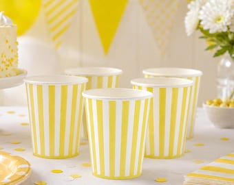 Bicchieri di carta gialli e bianchi per feste di compleanno, feste per bambini e stoviglie usa e getta per feste (confezione da 6, 255 ml)