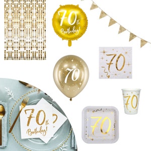 Accessoires de fête d&#39;anniversaire dorés pour 70e, assiettes, serviettes de table, gobelets, ballons, décorations de confettis, articles de fête pour 70 ans, fête des 70 ans en or