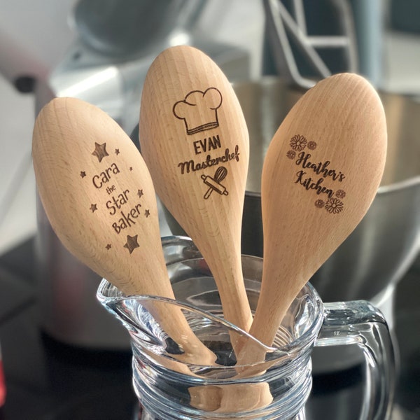 Personalised Wooden Spoons Various Designs, Custom Engraved Wood Spoon and Handle, Baking Gift, Childrens Kitchen, Gift For Her Him Chef