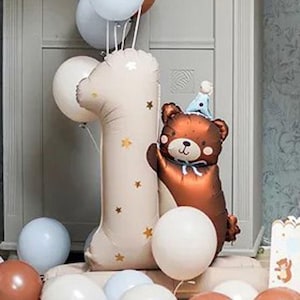 Large Teddy Bear Number 1 Foil Balloon Display, 1st Birthday Party Balloon, Childrens Birthday Party, Number 1 Foil Balloon
