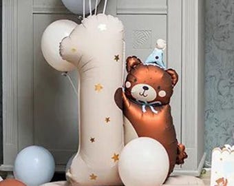 Large Teddy Bear Number 1 Foil Balloon Display, 1st Birthday Party Balloon, Childrens Birthday Party, Number 1 Foil Balloon