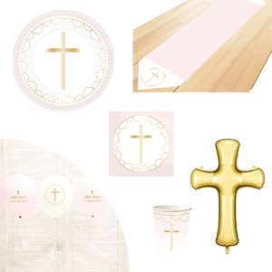 Forniture per feste per battesimo rosa per ragazze, feste per battesimo, stoviglie per cresima, piatti religiosi per feste per bambini tovaglioli tazze palloncini corridore